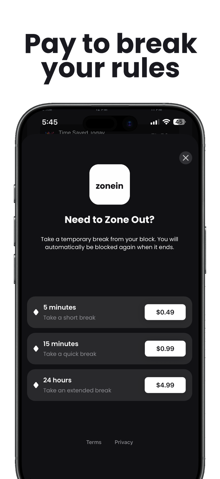 ZoneIn preview showing paid break options so you can temporarily override your own rules.